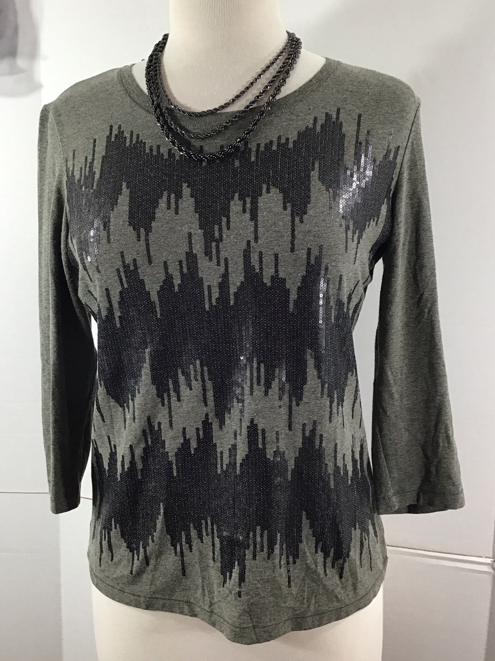 Lafayette 148 New York Dark Gray black sequin Patterned Scoop-Neck Sweater S